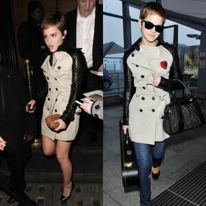 Burberry Patent Leather Sleeve Gabardine Trench Coat Black Tan US 4